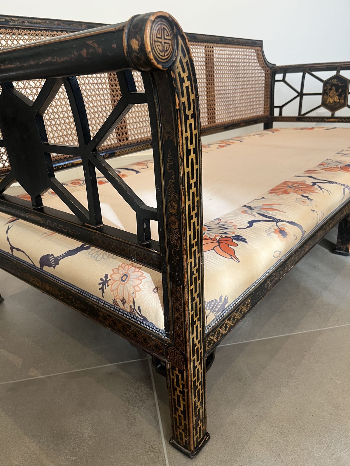 Decoratively Painted Chinoiserie Antique Three Seater Sofa. photo buy