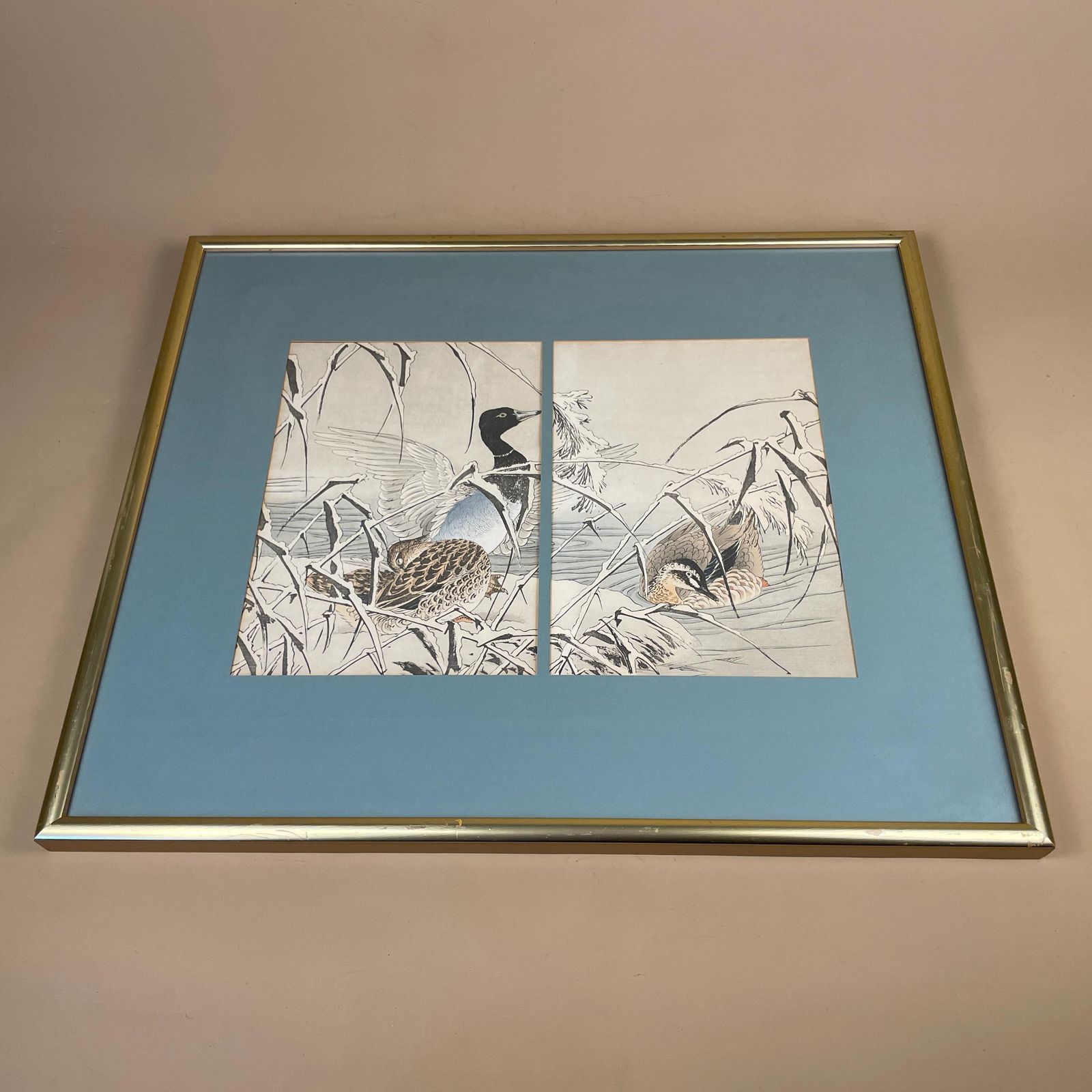 Oriental Art Japan Original Imao Keinen Picture Flowers & Birds Book Reed Duck Picture Framed Gold Antique Artwork Woodcut Print Japanese