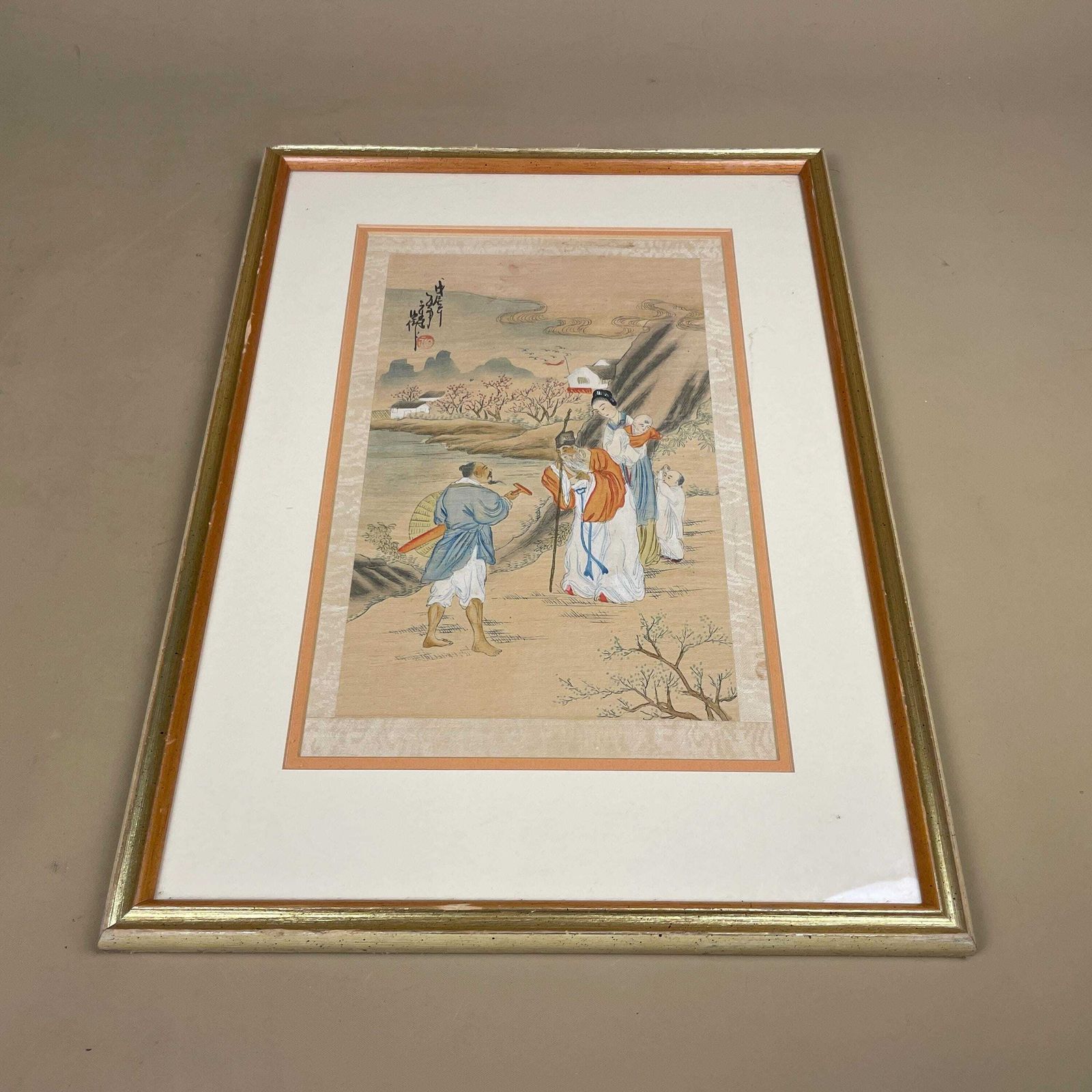 Hand Painted Silk Painting Japanese Artwork Art Wall Hanging Oriental Detailed Gold Frame Antique Vintage Picture Framed Figures Beige photo for sale