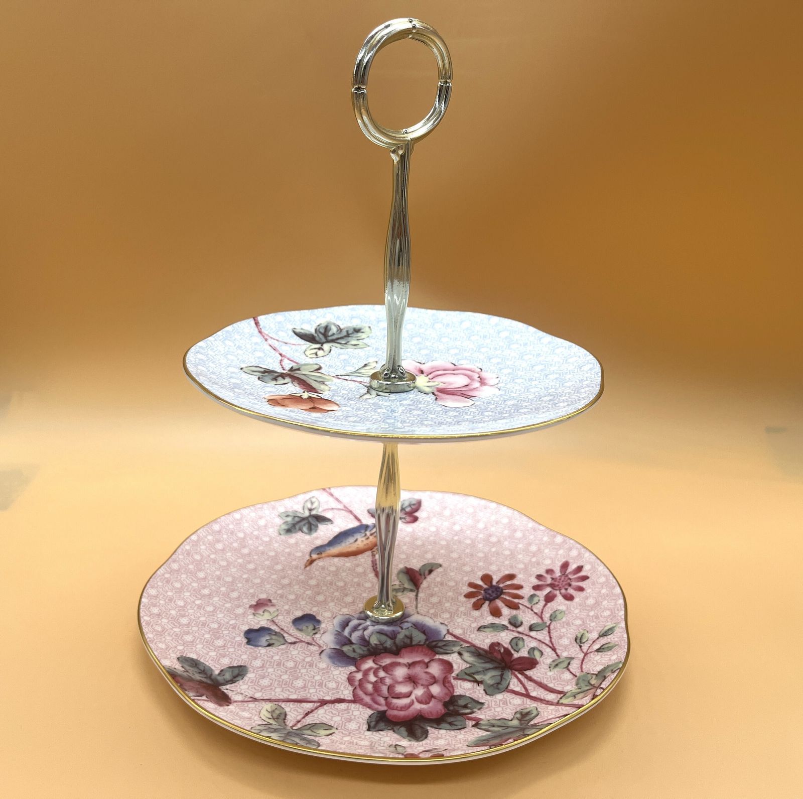 Wedgwood China 10 Piece Cuckoo Design Tea Set For 2. Teapot, 2 Cups & Saucers, A 2 Tier Cake Stand And A Sandwich Serving Tray. photo for sale
