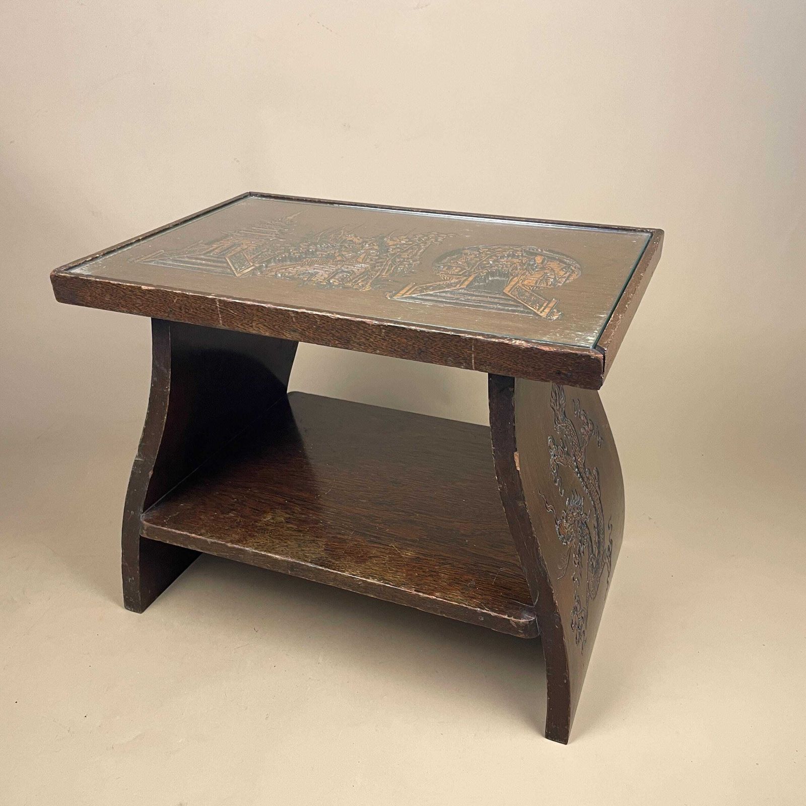 Oriental Chinese Hardwood Table Antique Side End Rectangular Asian Coffee Tea Table Stand Home Accent Decorative Carved Dragons Glass Top photo 135.0