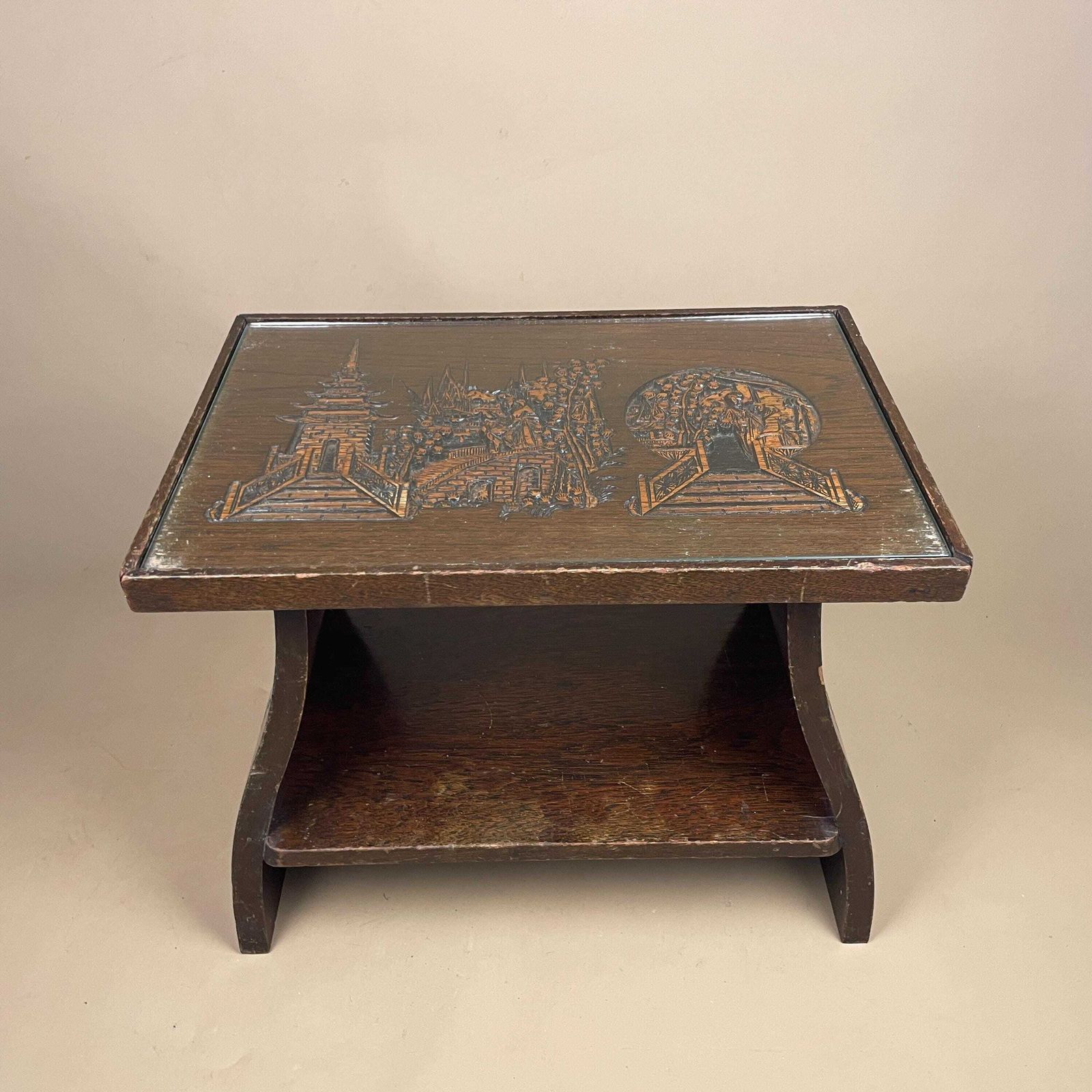 Oriental Chinese Hardwood Table Antique Side End Rectangular Asian Coffee Tea Table Stand Home Accent Decorative Carved Dragons Glass Top photo vinterior
