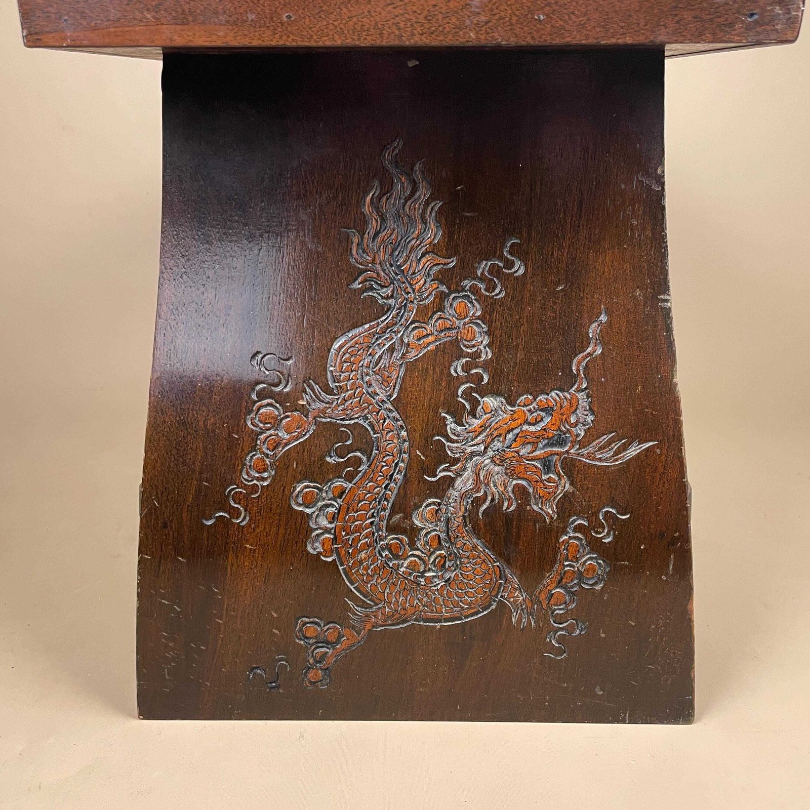 photo for sale Oriental Chinese Hardwood Table Antique Side End Rectangular Asian Coffee Tea Table Stand Home Accent Decorative Carved Dragons Glass Top