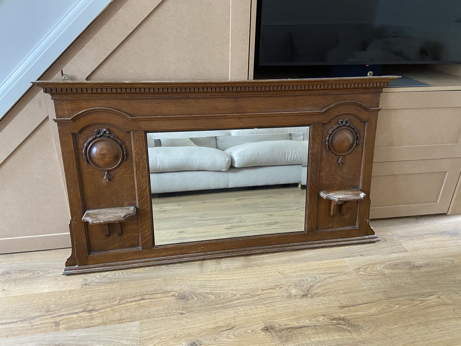 Victorian Solid Oak Overmantel Mirror C.1880 – Carved Panels, Shelves & Original Character