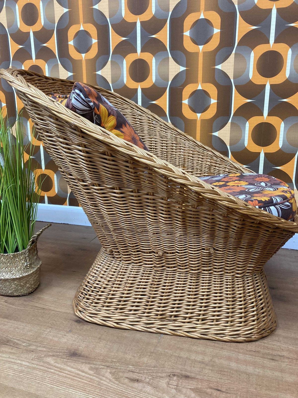Vintage 1970s Wicker Tub Chair With Bespoke Piped Vintage Fabric Cushions photo 120.0