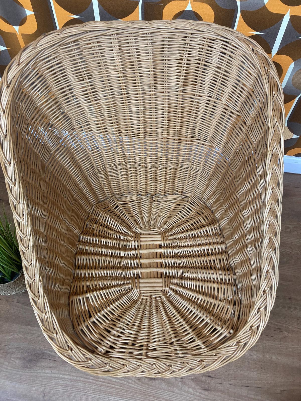 Vintage 1970s Wicker Tub Chair With Bespoke Piped Vintage Fabric Cushions photo buy