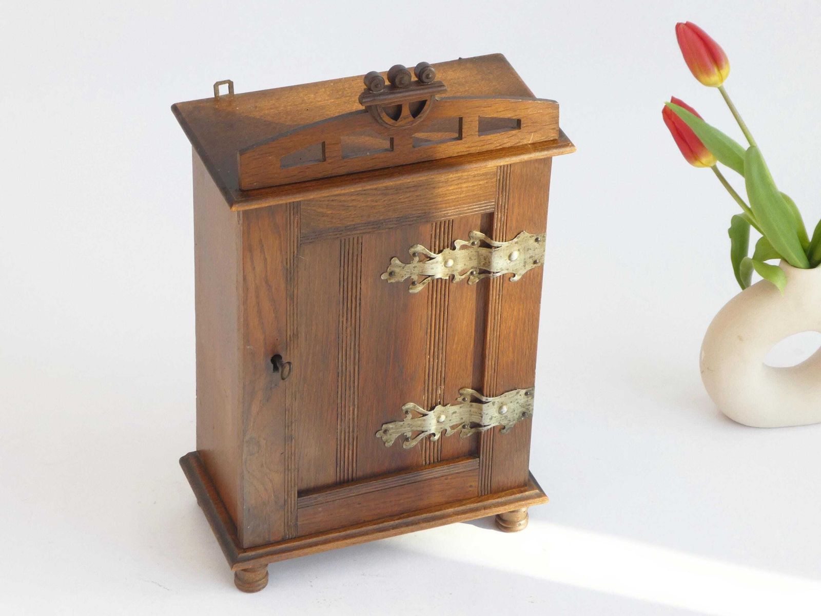 Antique Dutch Oak Medicine Cabinet With Brass Decor, Jugendstil Apothecary, Chest With Lock. photo Furniture