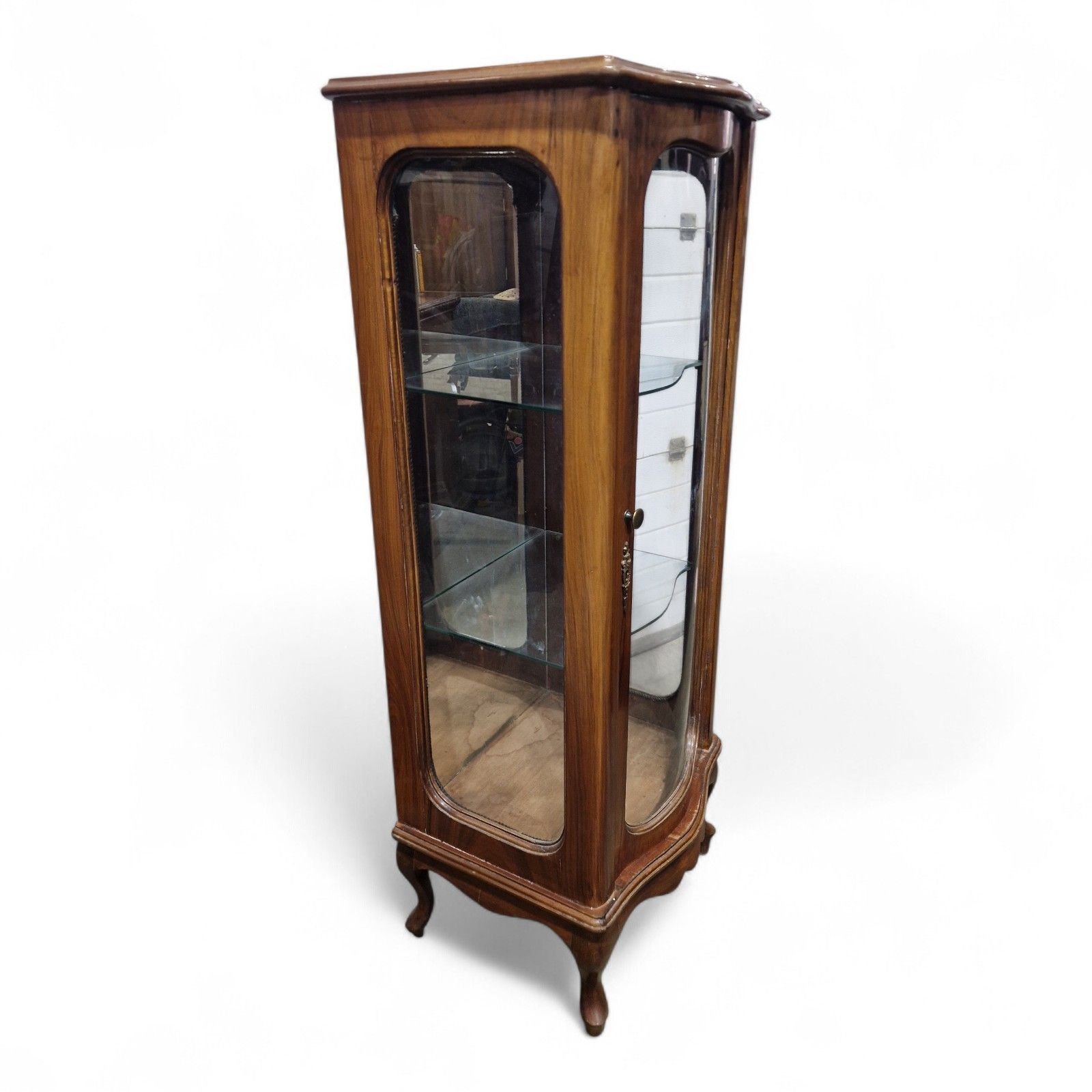 photo vinterior French Style Display Cabinet Serpentine Cabriole Tall Slim Vintage Cabriole Leg