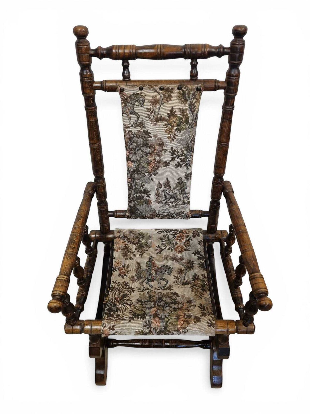Antique Children Rocking Chair / Solid Wood / Tapestry Upholstery / C.1920.