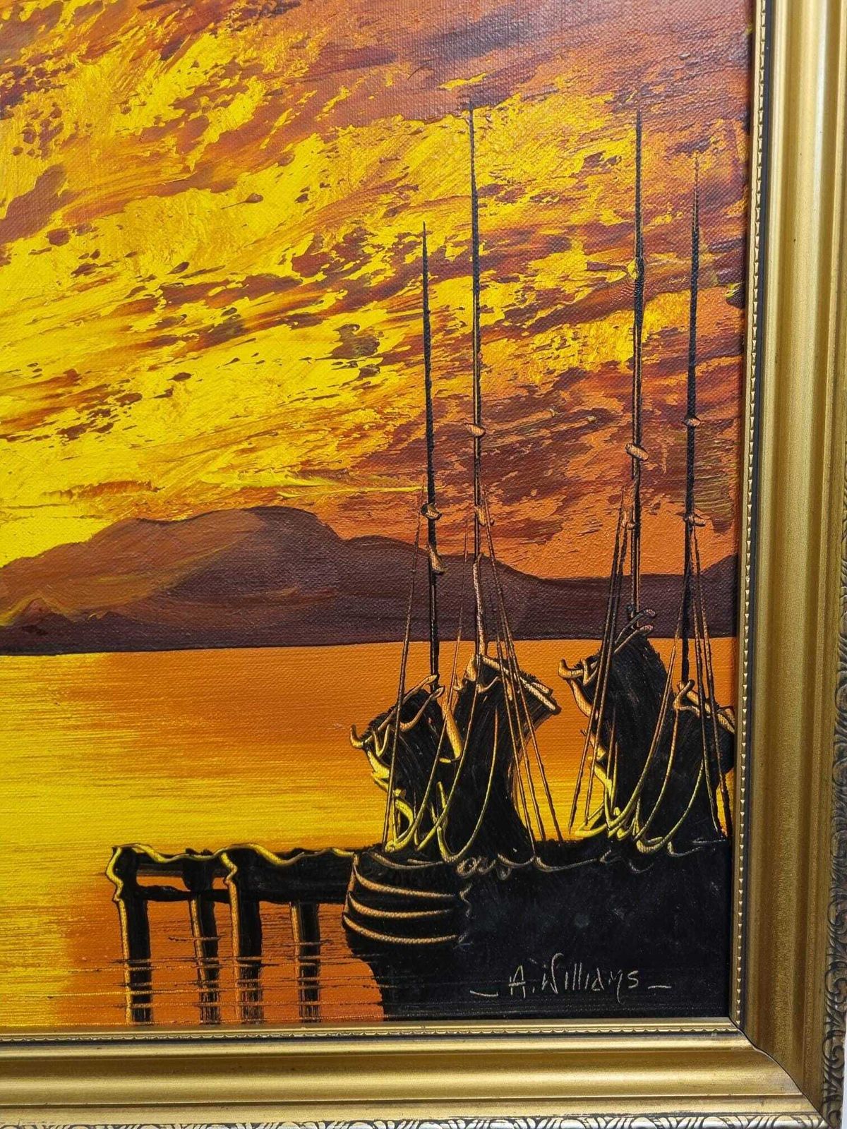 Vintage Oil Painting Sunset Harbour Scene / Signed A. Williams 1975. photo vintage