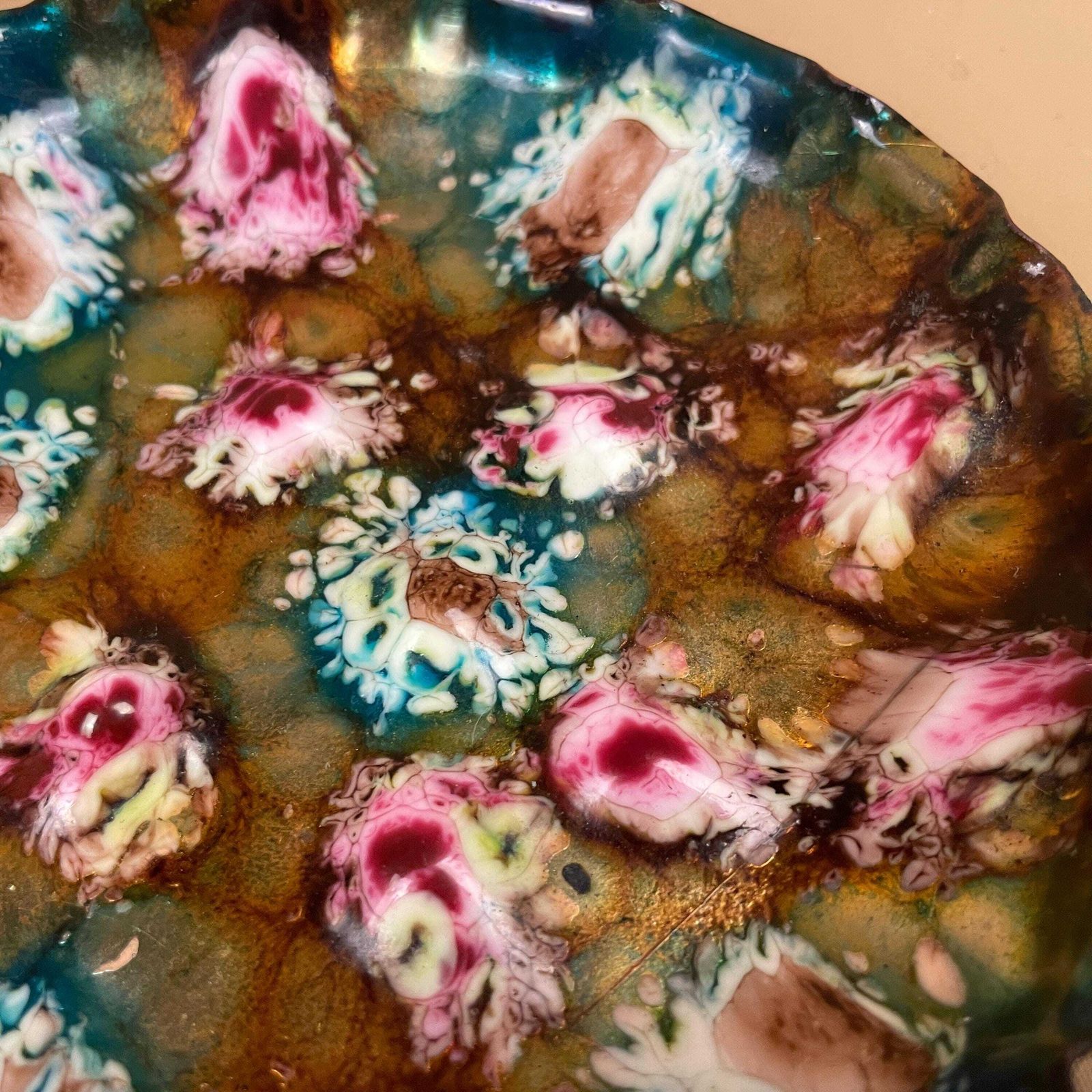 Vintage Esmaltes Garcia Enamel Metal Pink Gold Blue Trinket Dish Mid Century 1960's Patterned Tray Spanish Handmade Decorative Pattern photo Home Decor