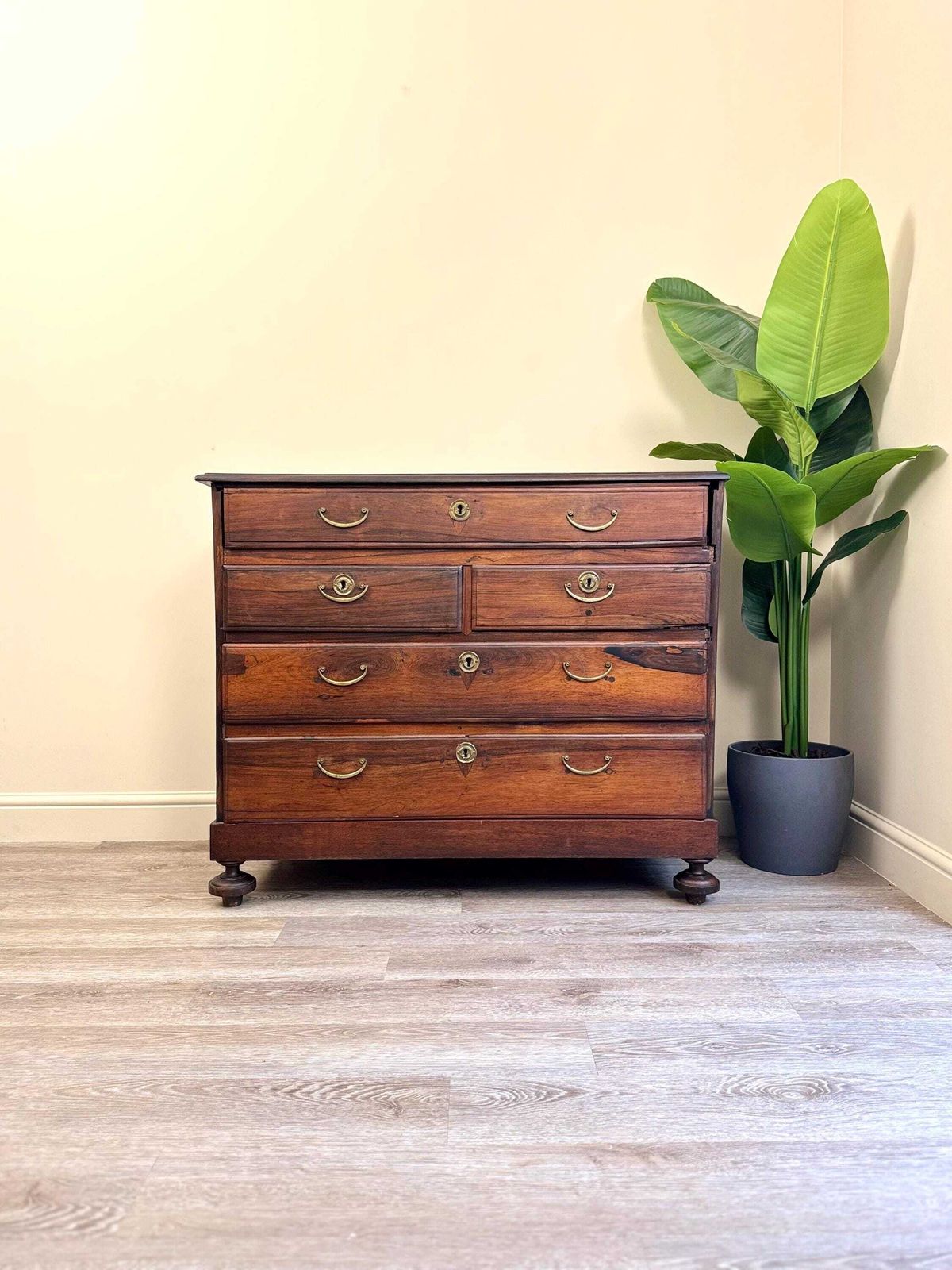 Solid Wood Rustic Dark Wood Antique Chest Of Drawers: Large 5 Drawer Dresser With Metal Handles