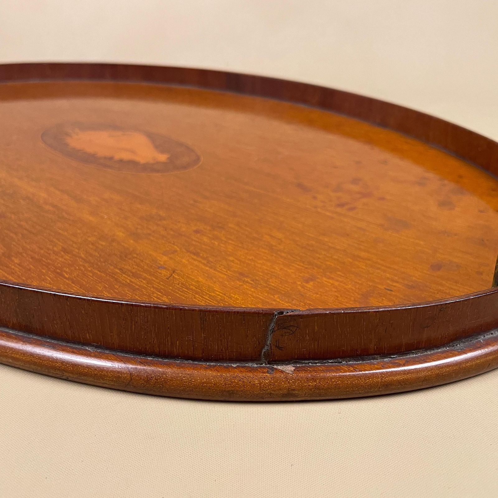 Antique Oval Wooden Tray Central Shell Motif Serving Display Tray Handmade Brass Handles Large Tea Tray Marquetry photo buy