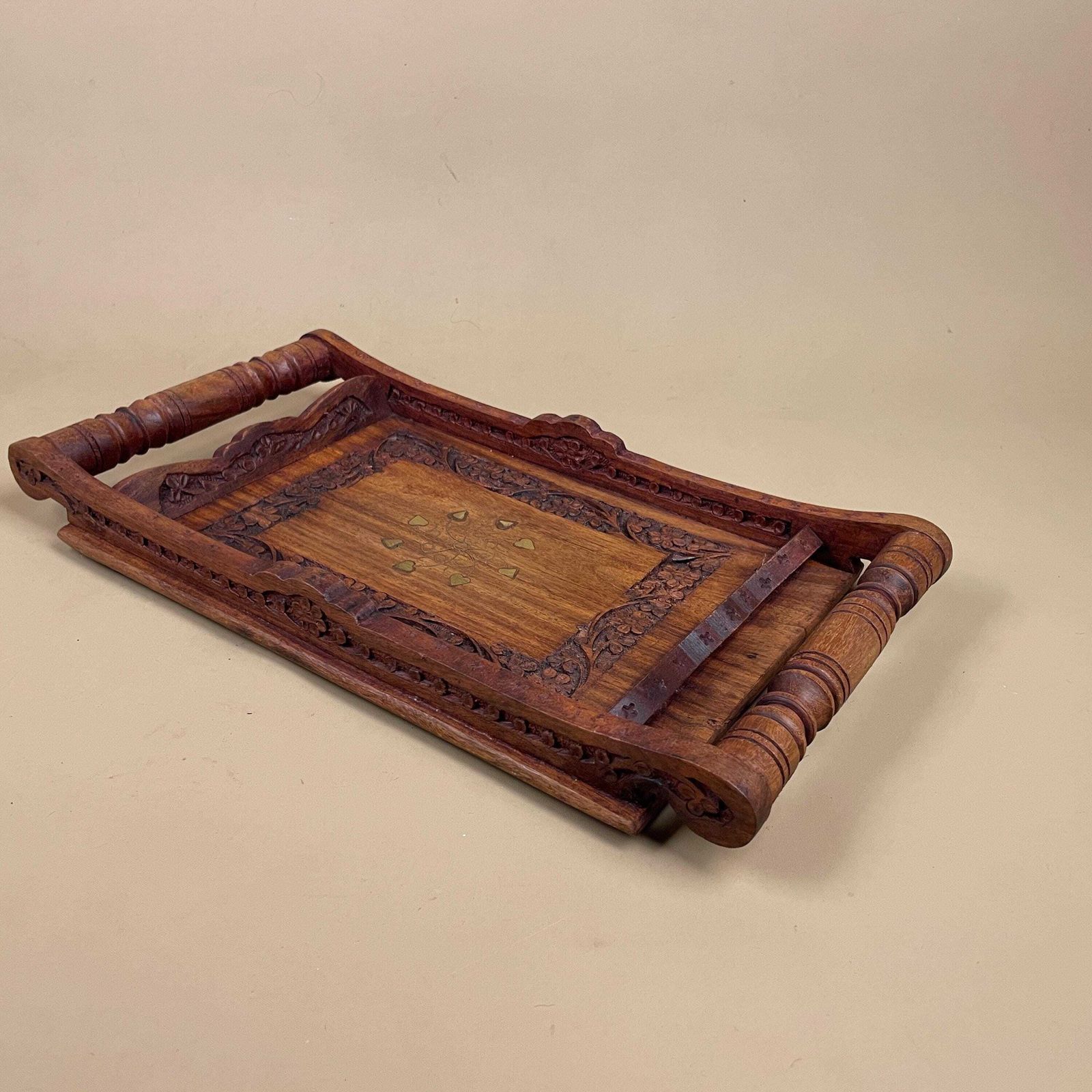 Antique Wooden Tray Handles Gold Metal Inlay Leaf Motif Rectangular Ornate Wood Original Display Serving Tea Tray photo furniture