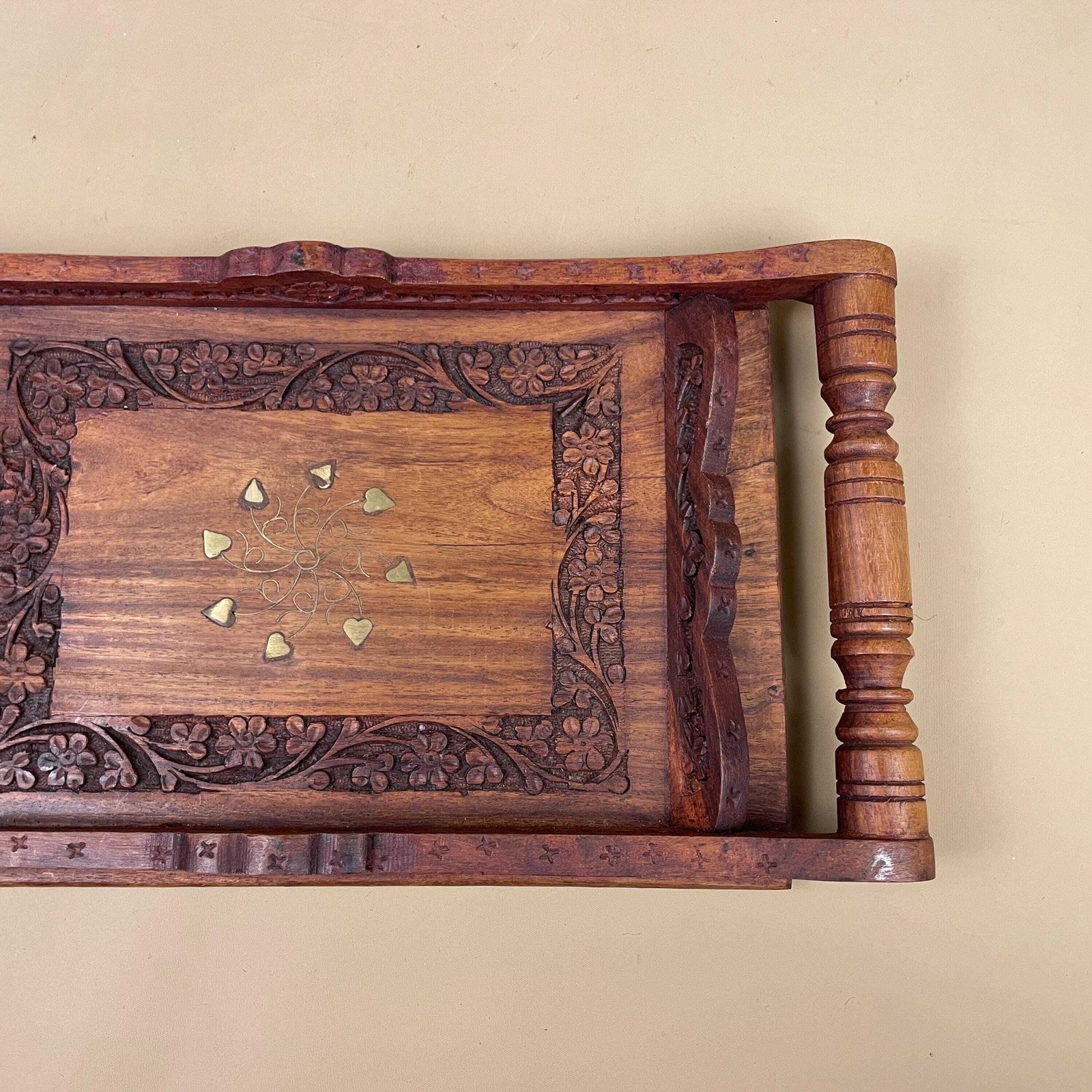 Antique Wooden Tray Handles Gold Metal Inlay Leaf Motif Rectangular Ornate Wood Original Display Serving Tea Tray photo 55.0