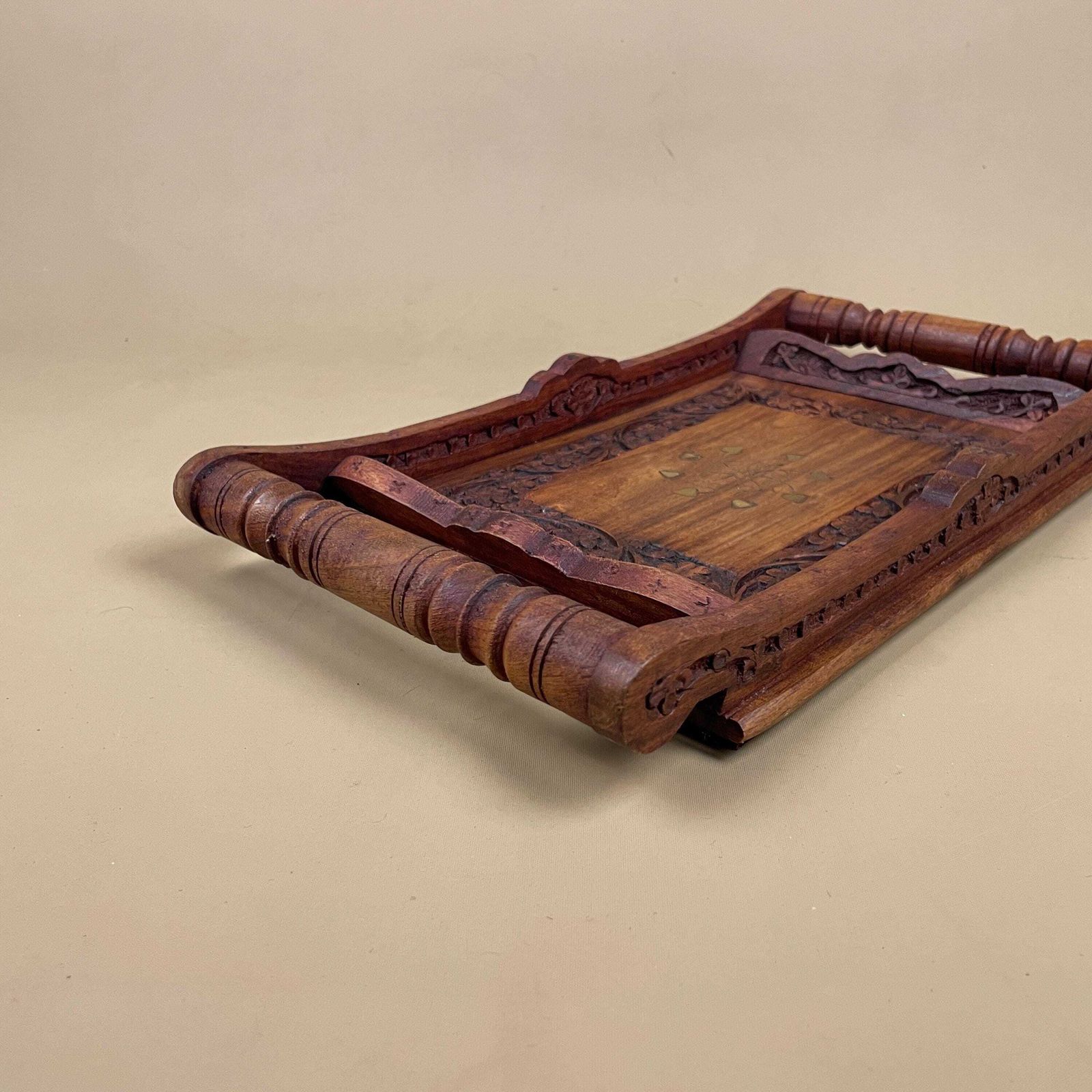 Antique Wooden Tray Handles Gold Metal Inlay Leaf Motif Rectangular Ornate Wood Original Display Serving Tea Tray photo buy