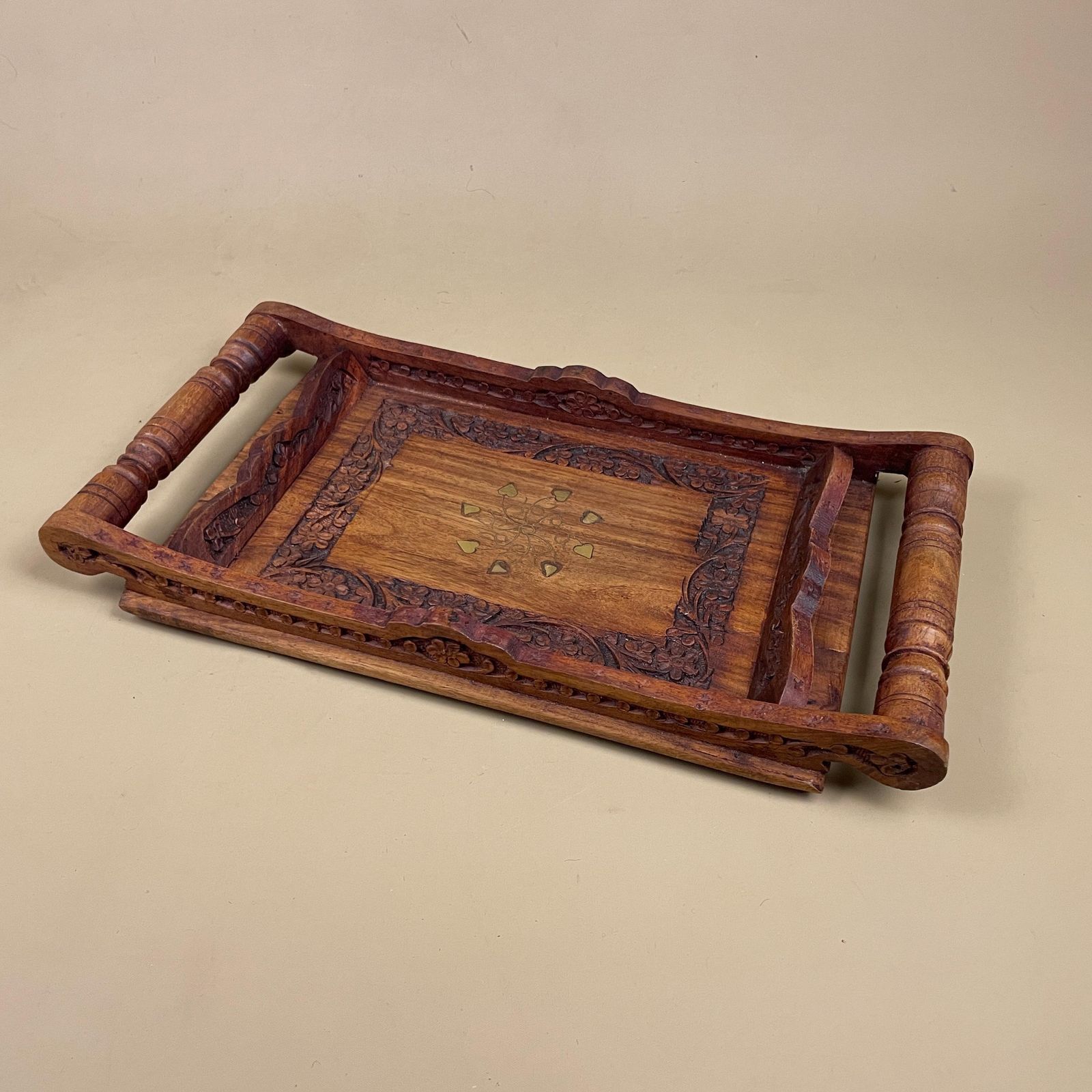 photo furniture Antique Wooden Tray Handles Gold Metal Inlay Leaf Motif Rectangular Ornate Wood Original Display Serving Tea Tray