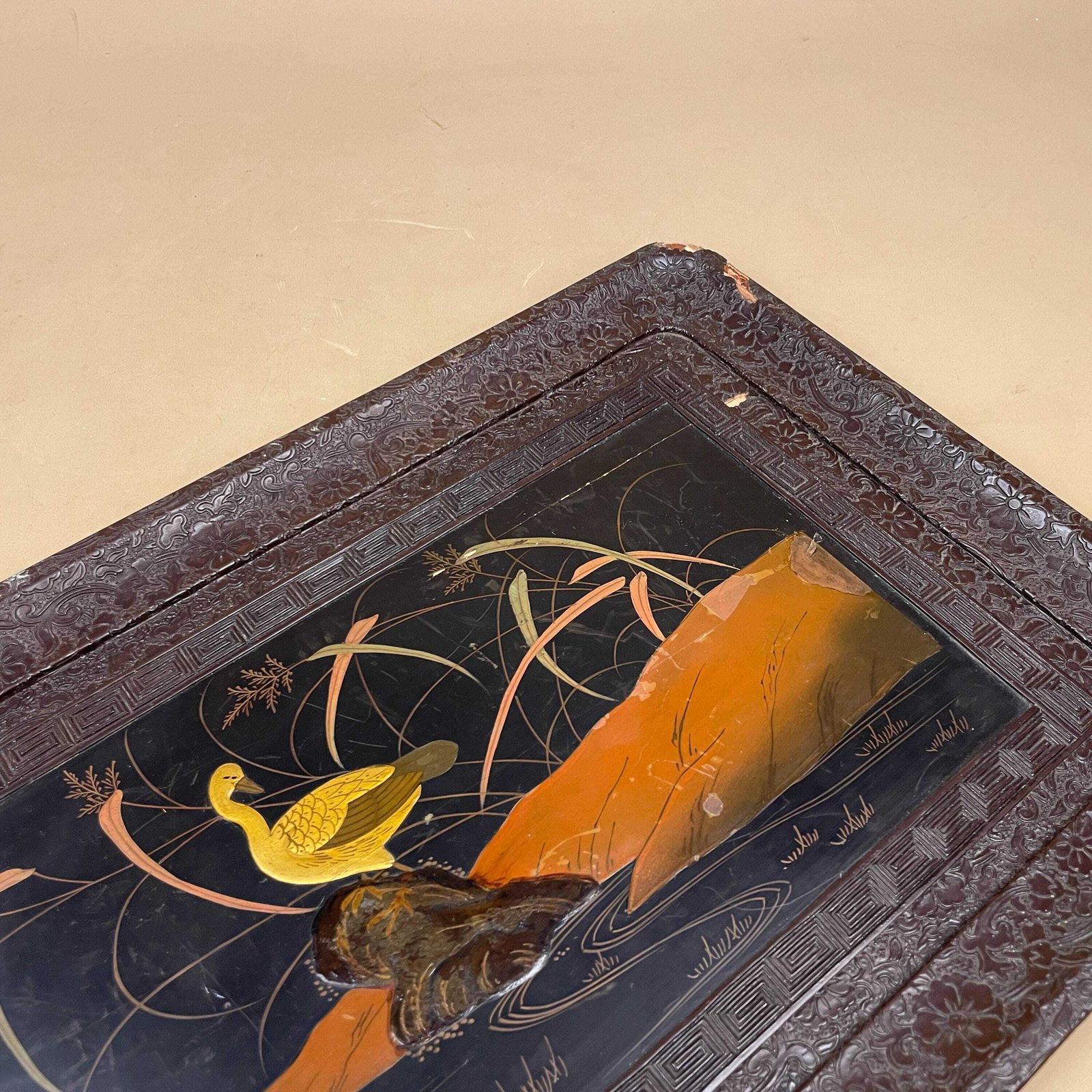 Japanese Tray Hand Painted Duck Scene Black Lacquer Wood Carving Hand Carved Rectangular Asian Oriental Antique Style photo 85.0