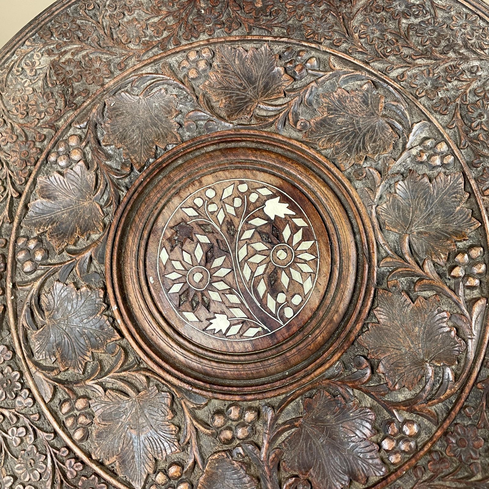 Indian Wooden Table Decorative Intricate Patterned Inlay Top Hand Crafted Round Vintage Antique Asian Plant Stand Floral Pattern Small Wood photo vintage