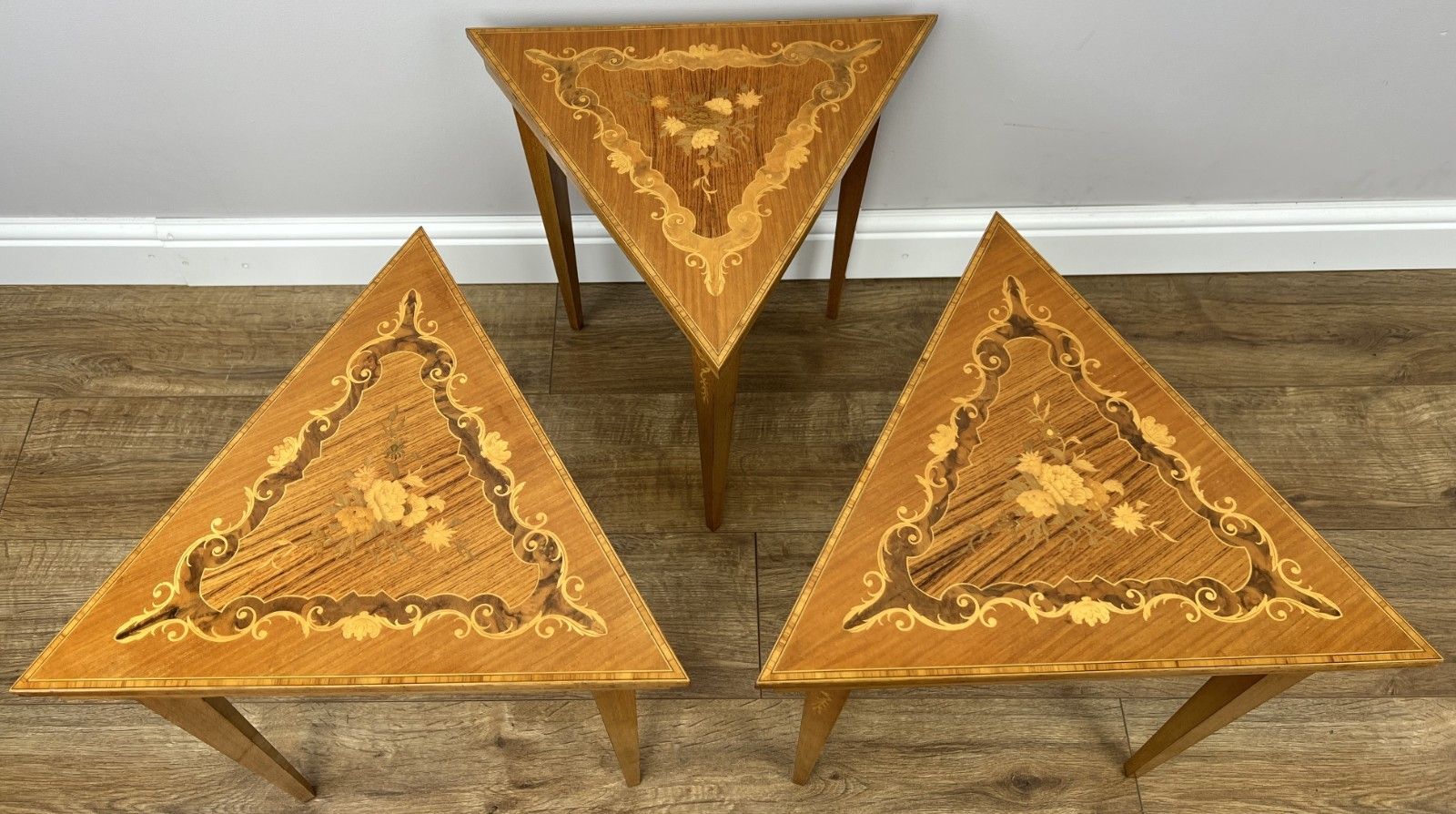 Vintage French Nested Triangle Inlaid Set 3 Pieces Carved Tables Lot 4906 photo 249.0