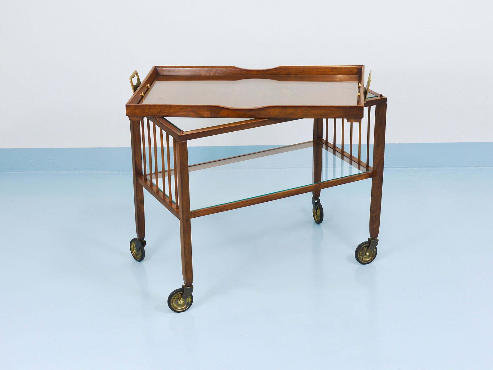 photo furniture Oswald Haerdtl Vienna Modernism Walnut & Brass Bar Cart, Serving Trolley, 1950s