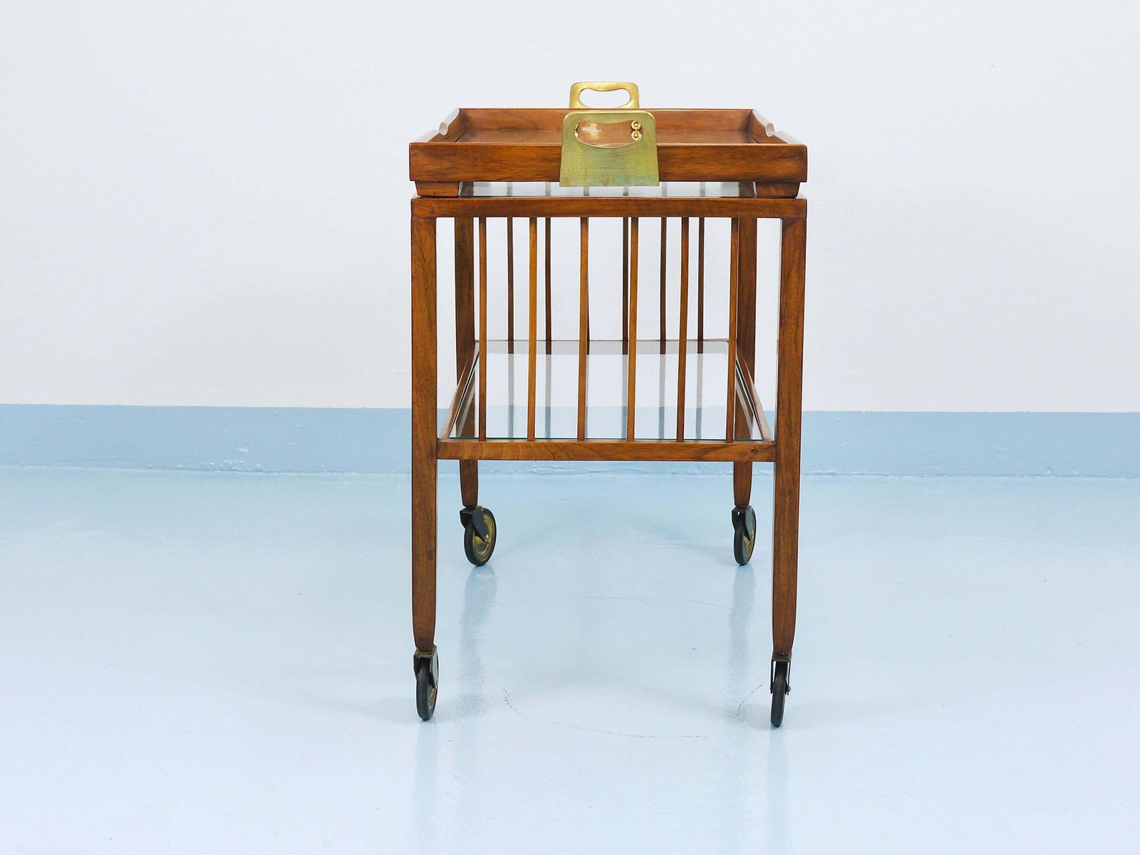 photo buy Oswald Haerdtl Vienna Modernism Walnut & Brass Bar Cart, Serving Trolley, 1950s