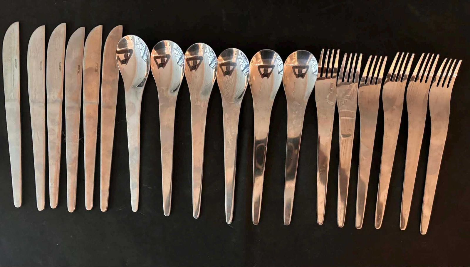 Modernist Set Flatware Design Space Age Stainless Steel Modernist Design French Casual Lunch Gift Post Modern Vintage 6 Settings photo for sale