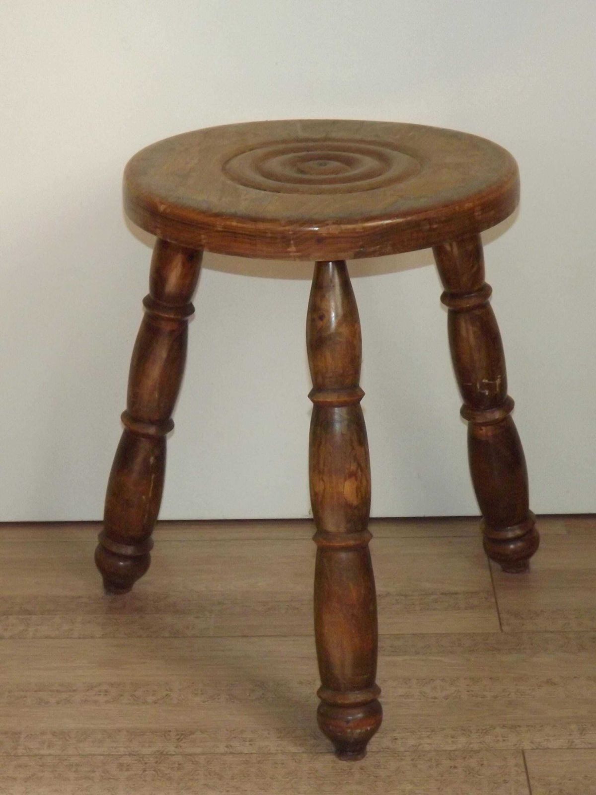 Vintage French Hand Made Wood Milking Stool 3 Spindle Legs Bullseye Seat. French Vintage Stool. 3 Legged Stool; Childs Stool. Plant Stand. photo furniture