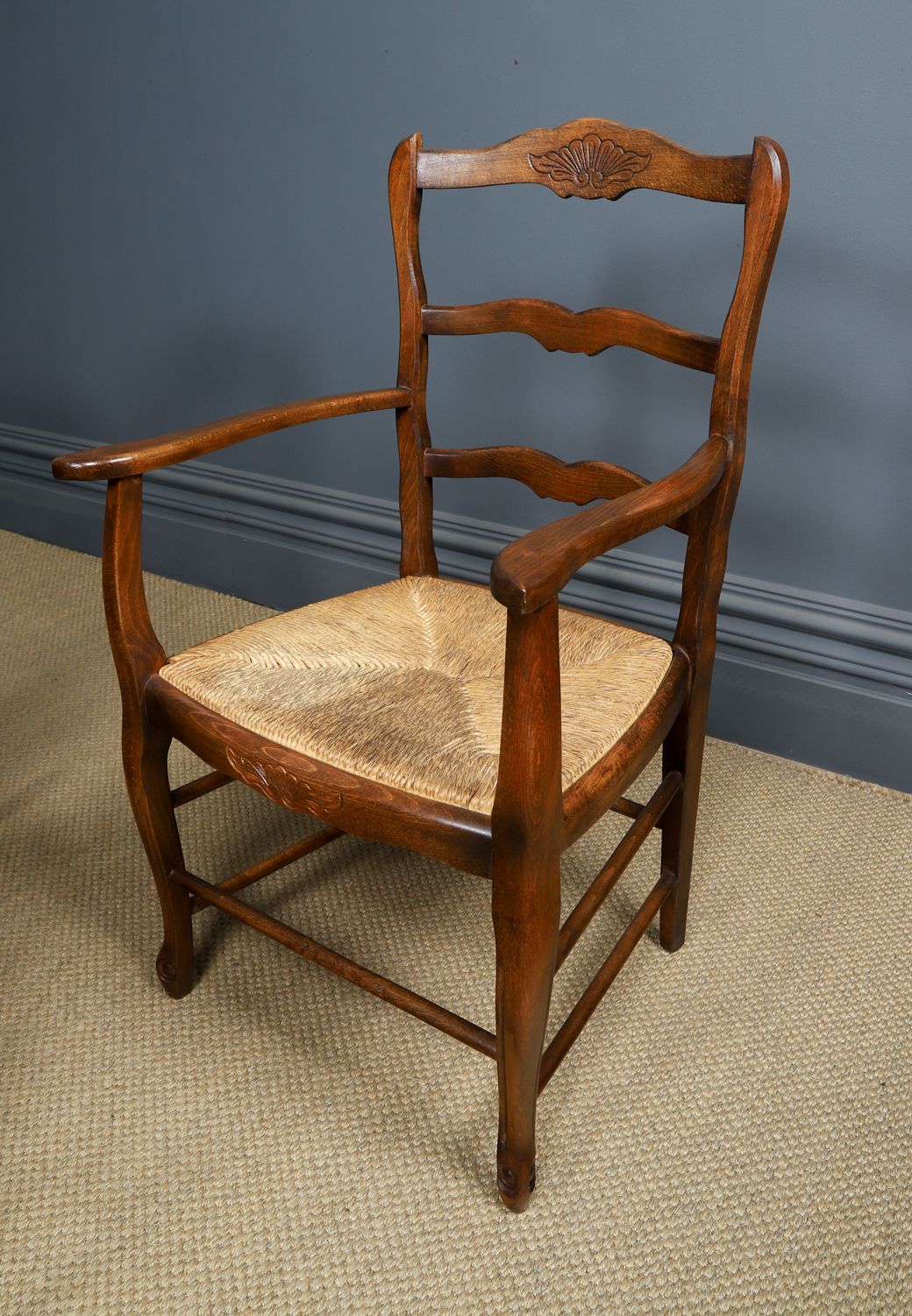 Furniture Antique French Set Of 6 Six Louis XV Style Oak Ladder Back Rush Seat Kitchen Dining Chairs (Circa 1920) photo