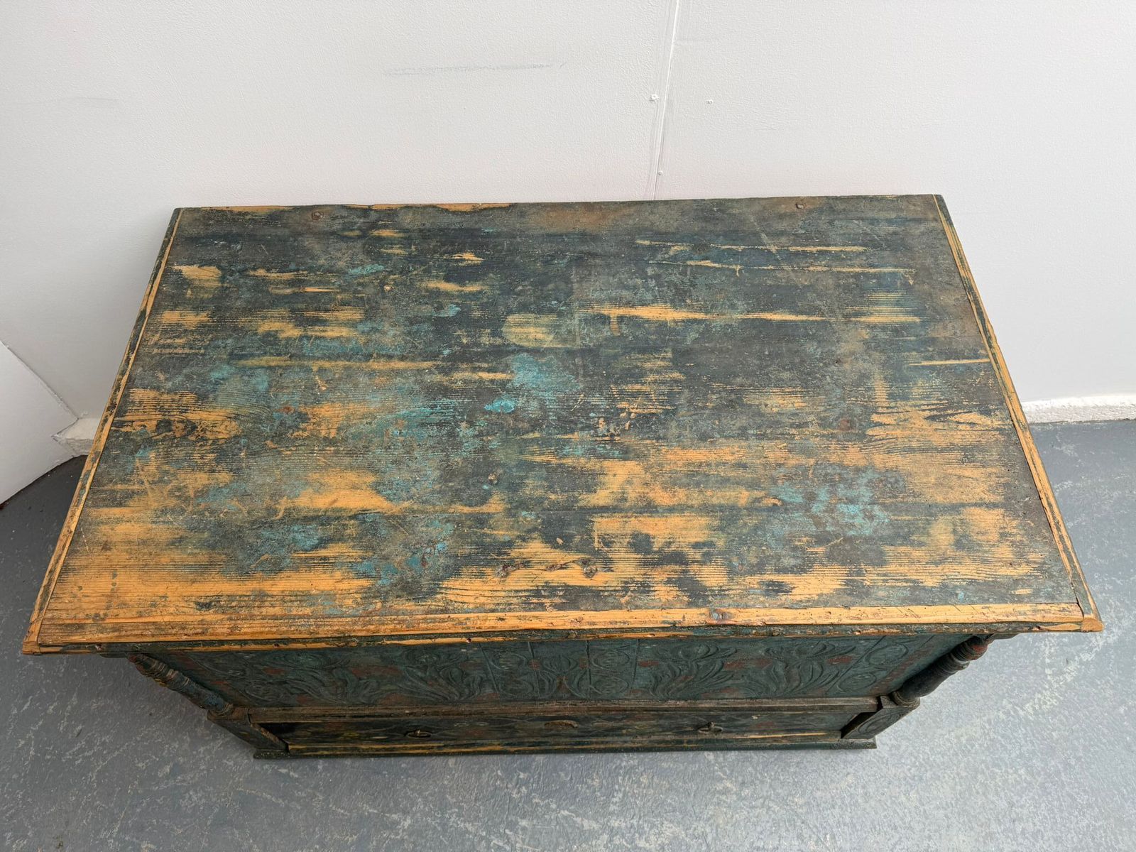 A Truly Amazing Genuine Hungarian Georgian Painted Teal Large Mule Chest photo for sale