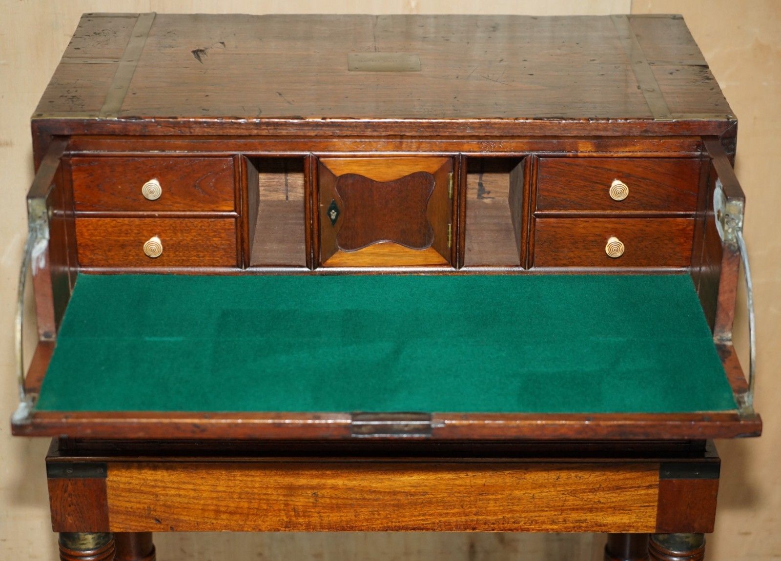 photo vintage Antique Victorian Thomas Wilson Military Campaign Secretaire Chest Of Drawers