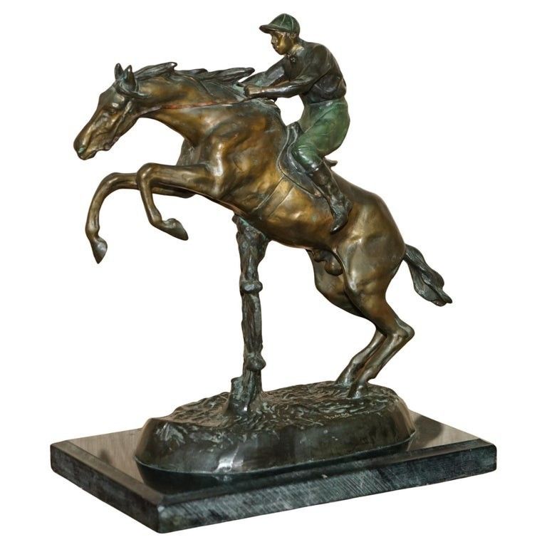 Large Vintage Bronze And Gilt Bronze With Marble Base Statue Of A Jockey & Rider