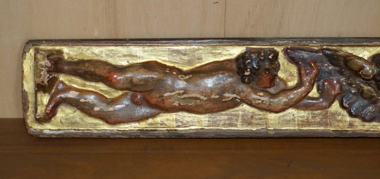 Antique Baroque Giltwood Carved, Polychrome Painted 18th Century Putti Supraport photo Home Decor