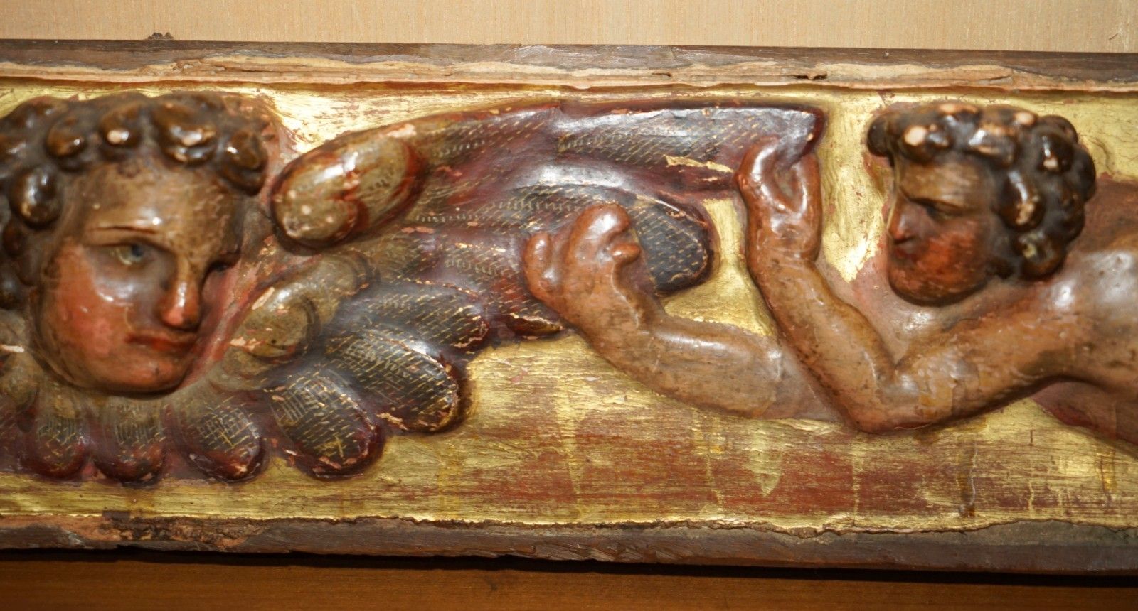 photo for sale Antique Baroque Giltwood Carved, Polychrome Painted 18th Century Putti Supraport