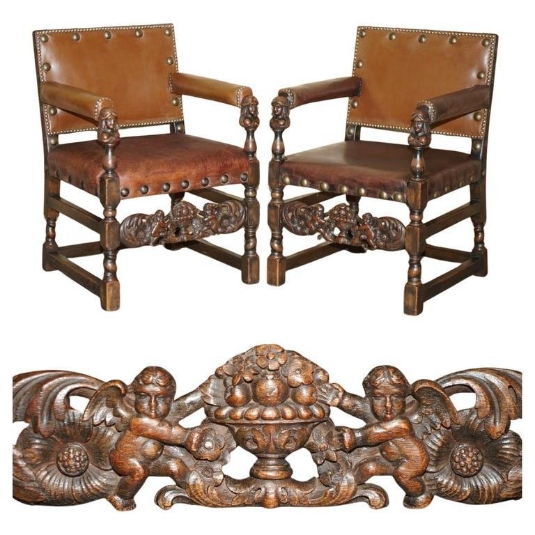 Pair Or Ornately Hand Carved Antique Jacobean Revival Edwardian Throne Armchairs