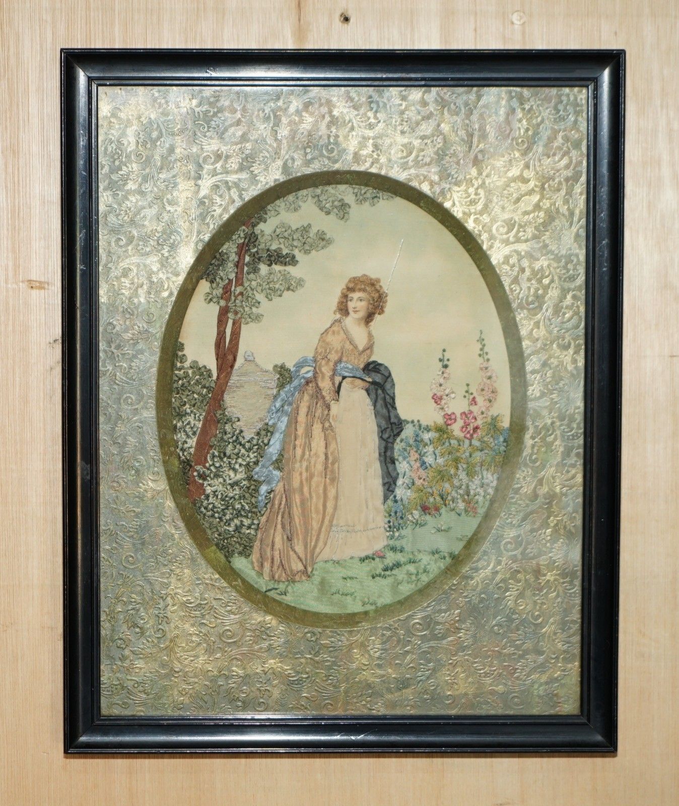 19th Century Silk & Wool Work Stumpwork Embroidery Tapestry Stunning Boarder