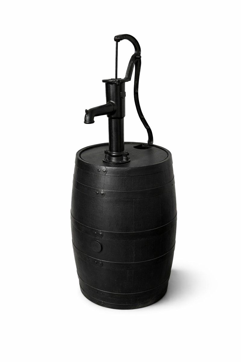 Garden Water Pump On Black Barrel In Cast Iron