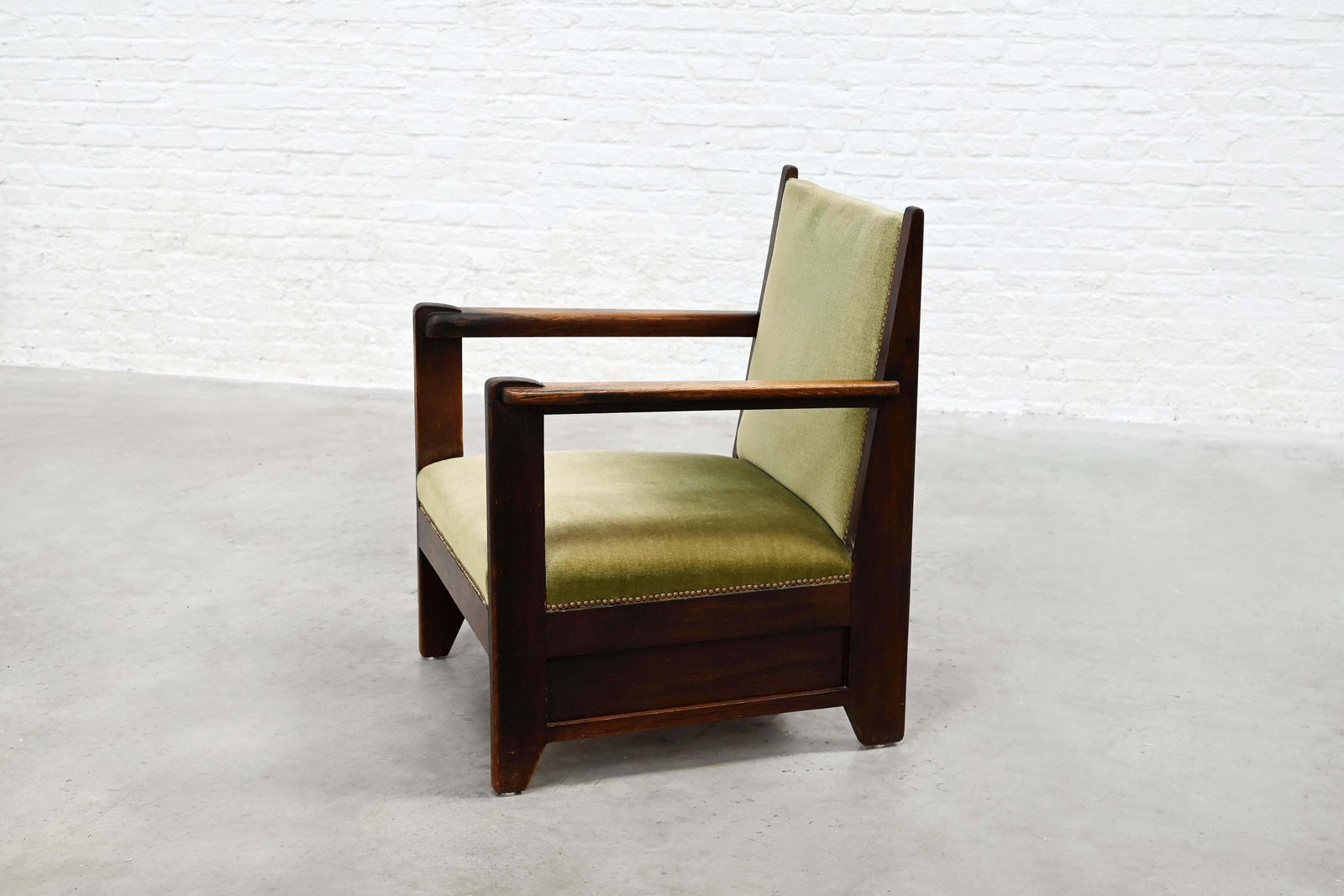 Hague School Sculptural Armchair, Stained Oak, The Netherlands, 1920s photo for sale