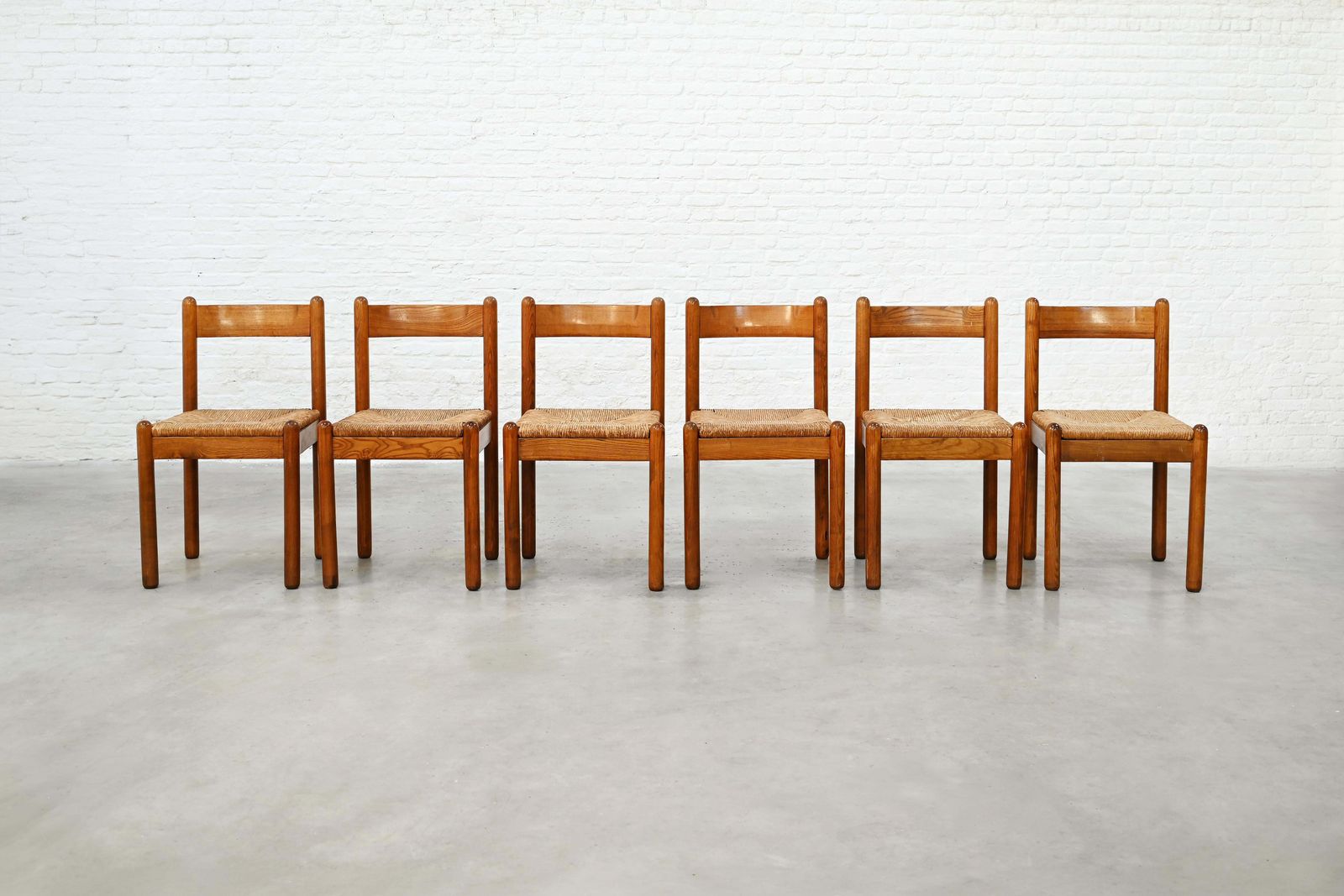 Set Of Six French Oak Dining Chairs With Rush Seats, 1960's photo for sale
