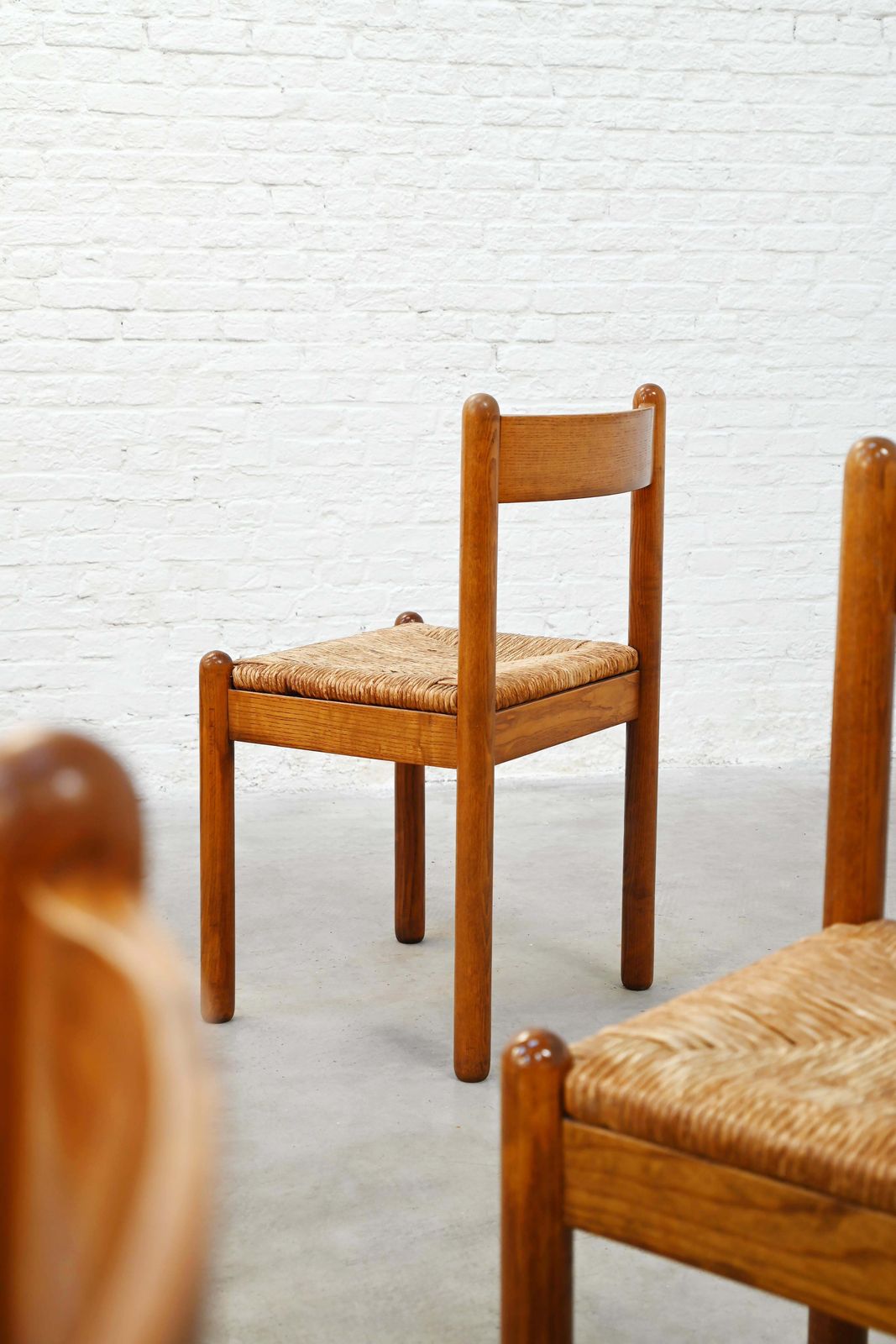 Set Of Six French Oak Dining Chairs With Rush Seats, 1960's photo Furniture