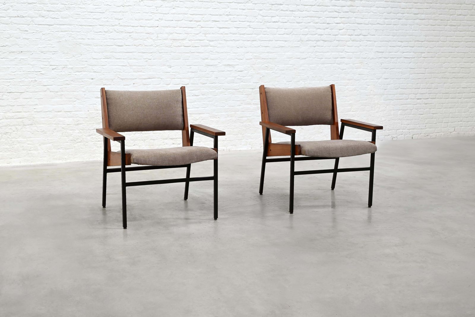 Pair Of Modernist Armchairs In Wood And Metal, 1950s photo for sale