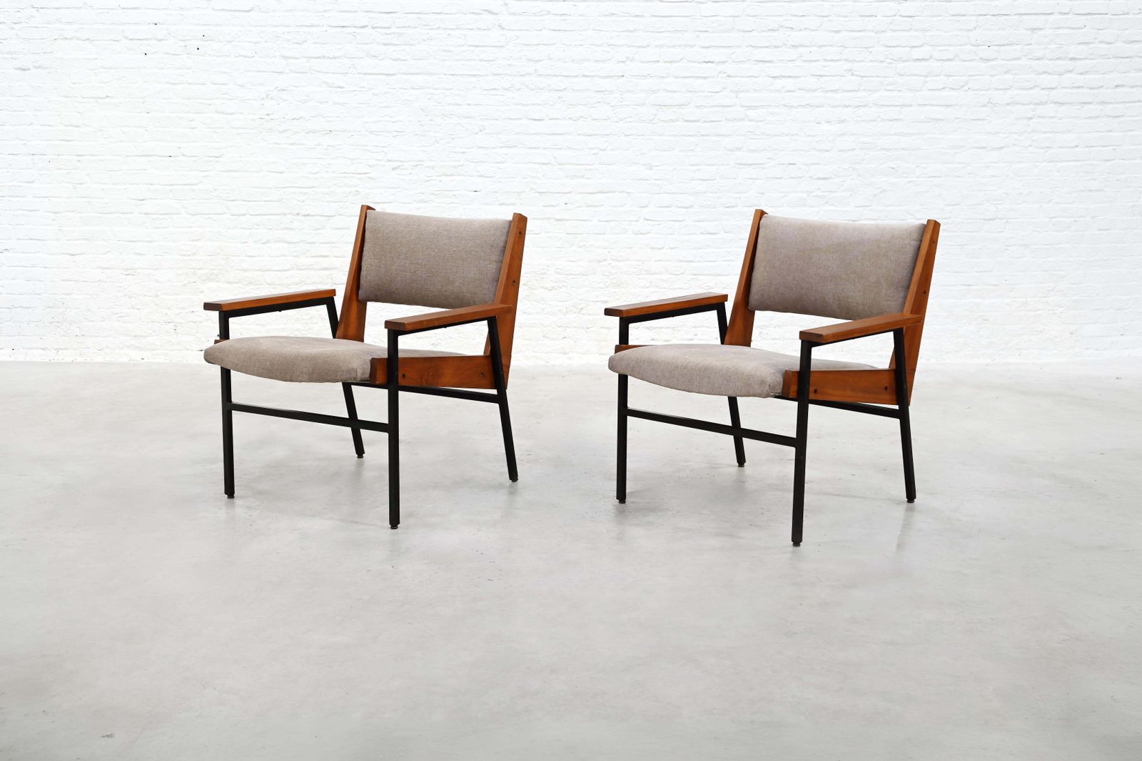 Pair Of Modernist Armchairs In Wood And Metal, 1950s photo vinterior