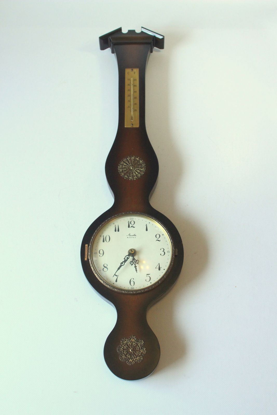 1950s   High Quality Wall Clock By Mauthe Electric With A Thermometer (Showing Celsius And Fahrenheit) As A Set,  Made Of Walnut Wood, Glass, Metal photo furniture