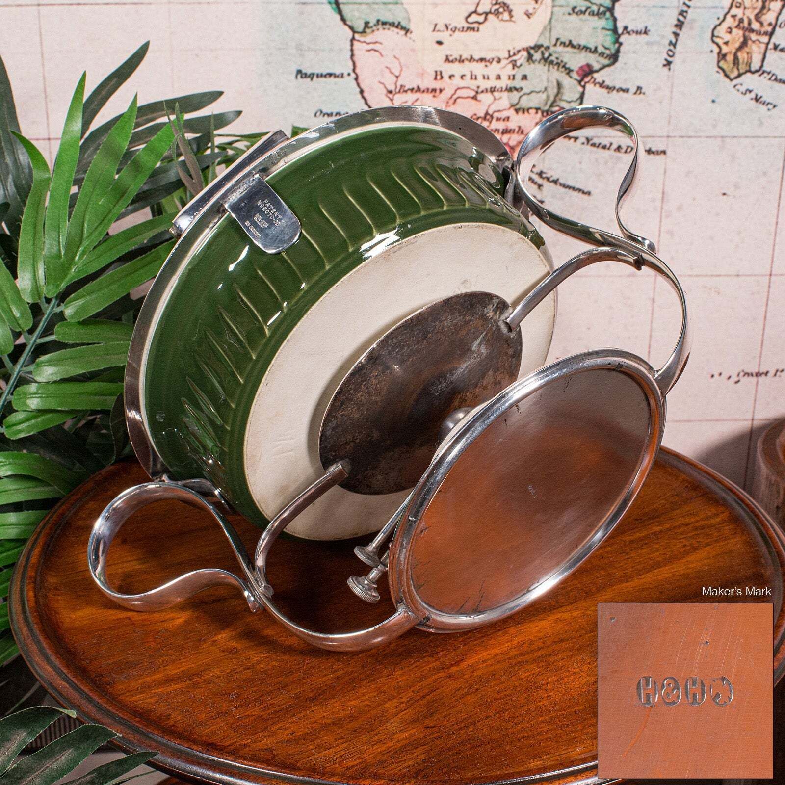 811.0 Antique Food Warmer, English Ceramic, Silver Plate, Chafing Heat Dish, Edwardian photo