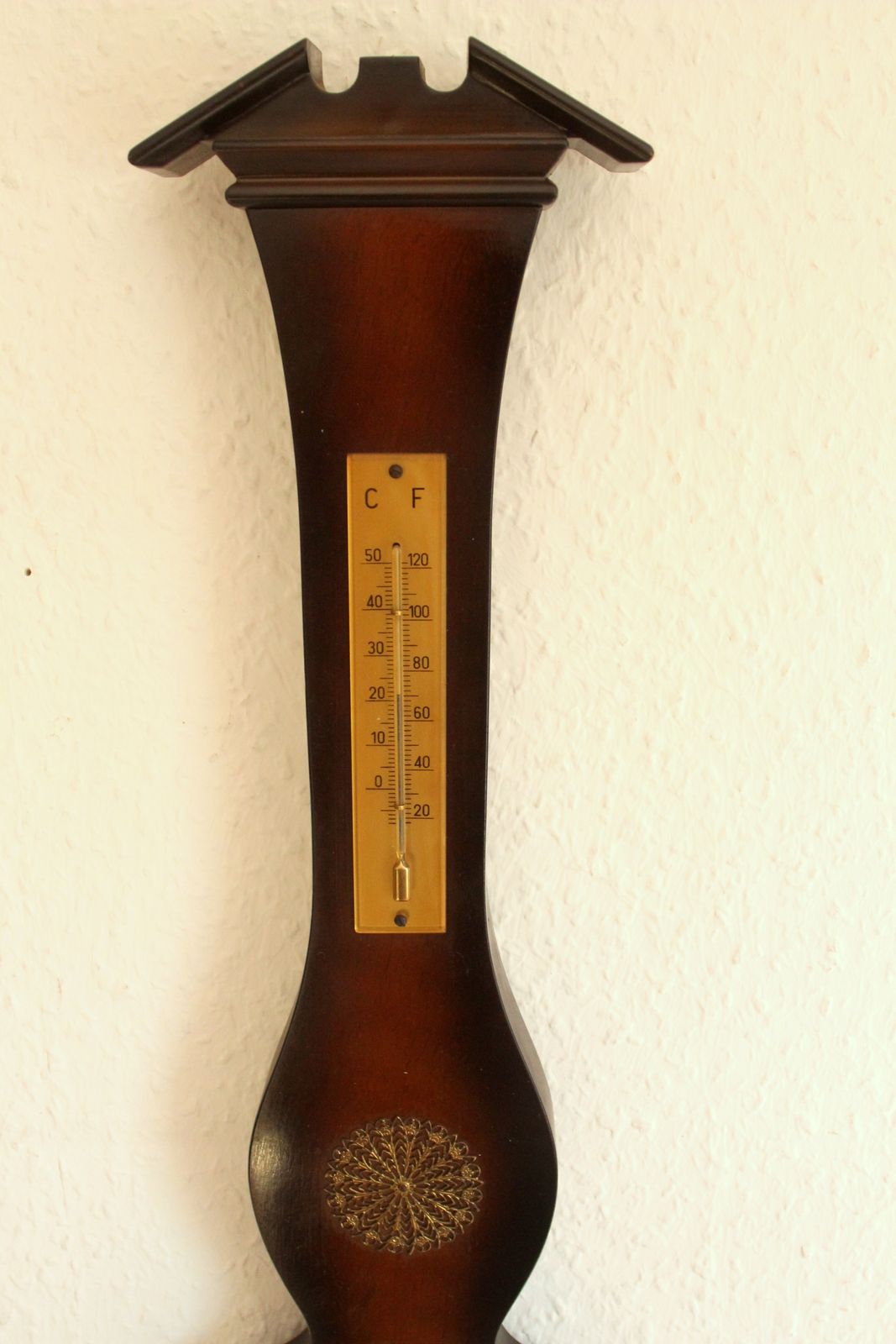 1950s   High Quality Wall Clock By Mauthe Electric With A Thermometer (Showing Celsius And Fahrenheit) As A Set,  Made Of Walnut Wood, Glass, Metal photo for sale