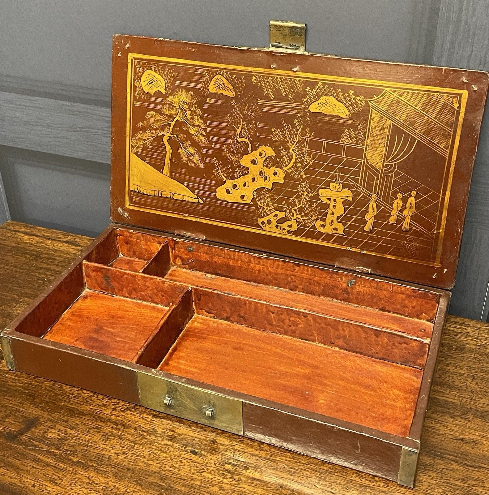 Rare Antique Chinese Lacquer Red & Gold Writing Artist Box Qing Dynasty photo 250.0