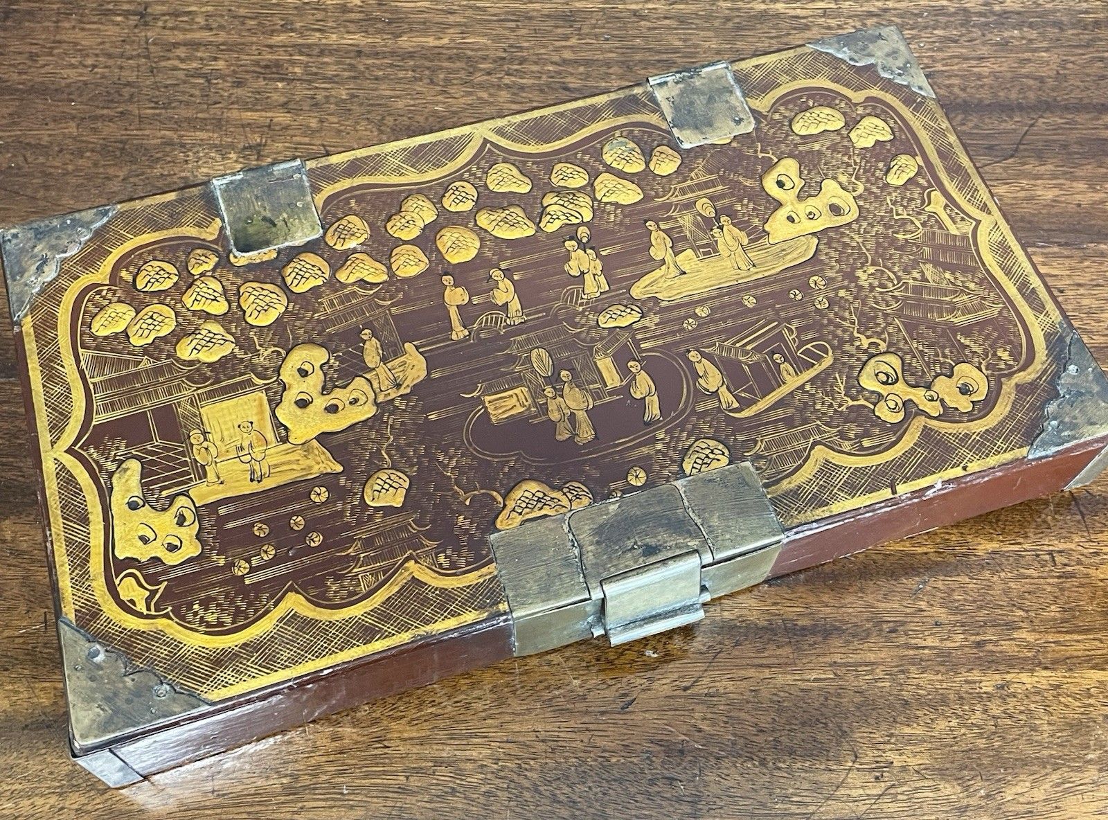 Rare Antique Chinese Lacquer Red & Gold Writing Artist Box Qing Dynasty photo vinterior