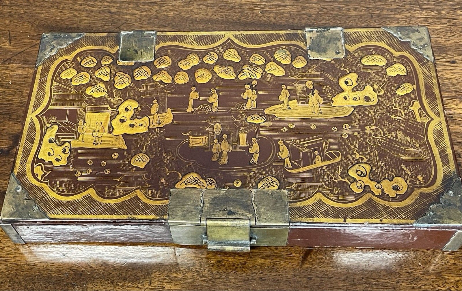 Rare Antique Chinese Lacquer Red & Gold Writing Artist Box Qing Dynasty photo buy