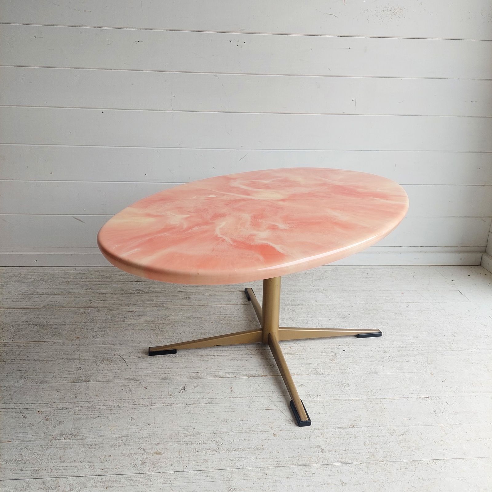 photo buy Mid Century Pink Oval Coffee Table Onyx Resin And Gilt Metal X Base, Italy 1970s