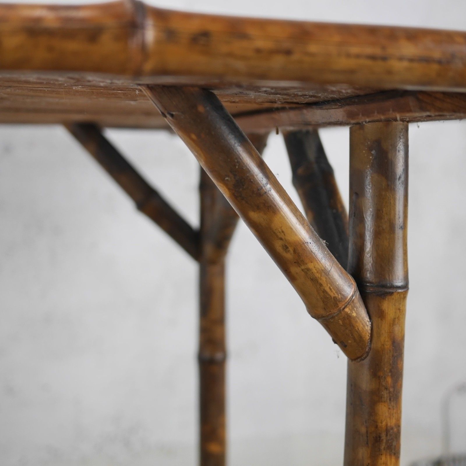 photo vinterior Large Antique Bamboo Two Tier Side Occasional Table Plant Stand Rattan #103104